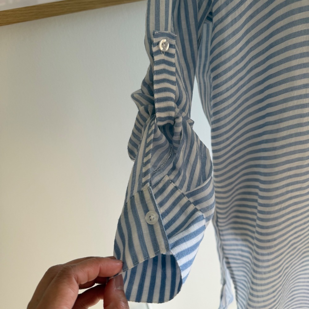 la Vie en Rose Aqua Striped Button Down Tunic Cover Up Tropical Resortwear M - Picture 4 of 9